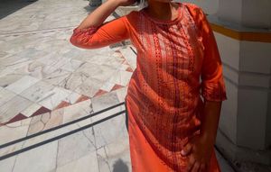 Orange foil print kurta