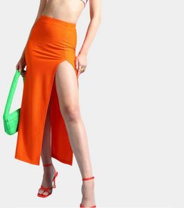 High Slit Ribbed Maxi Skirt - Vibrant Orange