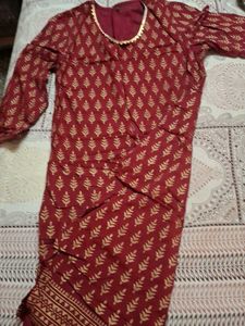 Maroon &amp; Gold Leaf Print  cotton Kurta set