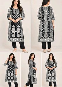 Elegant Black &amp; White Printed Kurti Pant Set