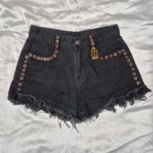 Black Denim Shorts with Bird Cage Charm