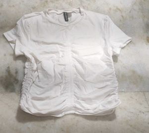 H&amp;M Chic White Ruched T-Shirt   LR-40