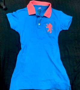 Blue Polo Shirt with Pink Collar