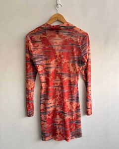 Sheer Abstract Print Long Sleeve Dress