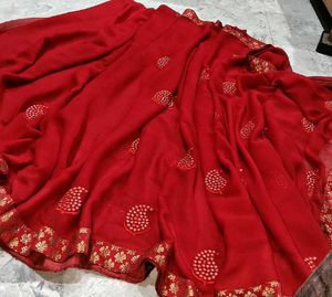 Vibrant Red Embroidered Saree