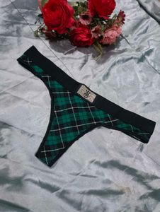 Green Plaid Thong with Rhinestone Detail