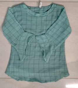 Chic Teal Checkered Bell Sleeve Top