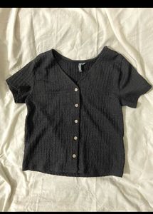 Textured Black Button-Up Top