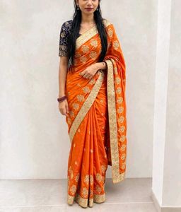 Elegant Orange Embroidered Silk Saree