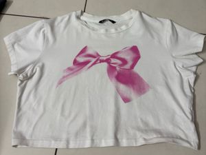White Crop Top with Pink Bow Graphic
