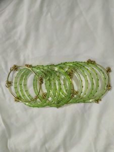 trendy Kashmiri gold and glass Green Bangles