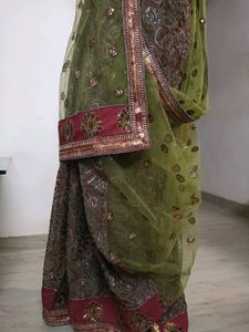 Designer olive green &amp; marron sequins saree