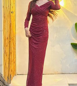 Maroon Embellished Off Shoulder Dress