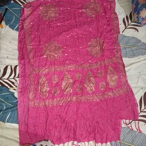 Vibrant Pink Dupatta with Gold Embellishments
