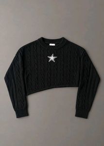 BLACK CABLE KNIT STAR CROPPED SWEATER