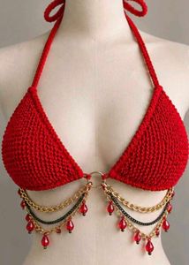 Red Crochet Bikini Top with Chains