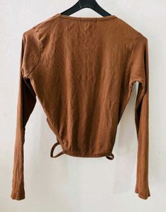 Rust Brown Ribbed Long-Sleeve Fitted Top