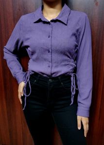 Purple Textured Button-Up Shirt with Side Tie Deta