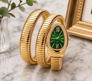 Elegant Gold and green dial Snake Wrap Watch