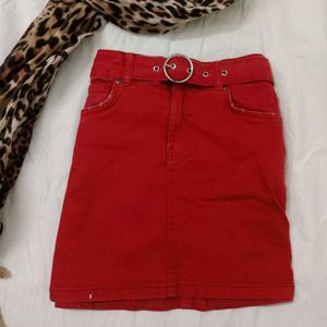 Red Denim Skirt with Belt