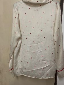 Cream Heart Print Button-Up Shirt