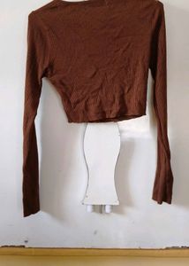 Brown Ribbed Cropped Henley Top