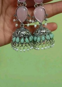 Stunning Pink &amp; Teal Jhumka Earrings