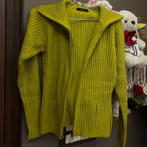 Lime Green Ribbed Zip-Up Cardigan