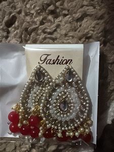 Elegant Dangle Earrings with Pearls &amp; Red Beads