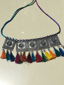 Boho Oxidised Tassel Choker | Ethnic Statement Nec