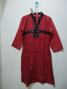 Red embroidered Kurta With Black Trim
