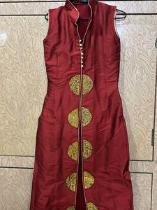 Red Mandarin Collar Dress with Gold Details
