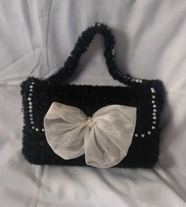 Handmade Black Furry Handbag with White Bow | Cute