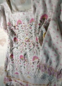 white &amp; pink floral printed lace kurti