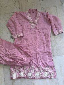 Pink Kurta Set with White Embroidery