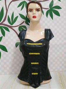 (1126)Black & Gold Faux Leather Corset Top