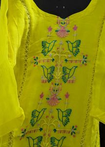 Yellow Embroidered Kurta Set with Blue Dupatta | M