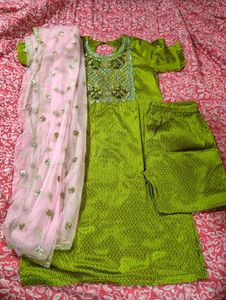 Sparkly green Kurta + pant with pink Dupatta