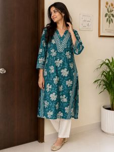 Teal Floral Print Kurta