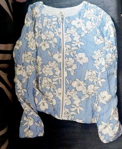 White and blue zippered crop jacket,Anita Dongre