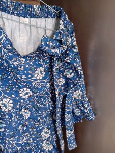 Boho Blue Floral Ruffle Top