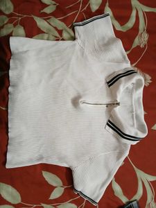 White Ribbed Zip-Up Polo Crop Top