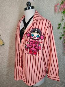 Pink Striped Cartoon Astronaut Shirt