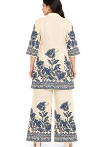 Cream Kurta Set with Blue Floral Print