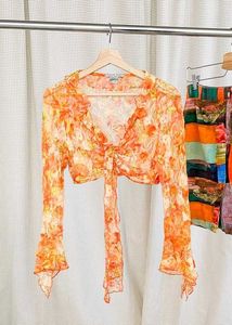 Sheer Floral Tie-Front Crop Top