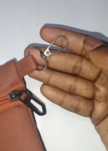 Brown Zipper Pouch with Keychain Clip