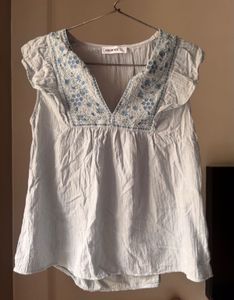 Blue Embroidered V-Neck Top