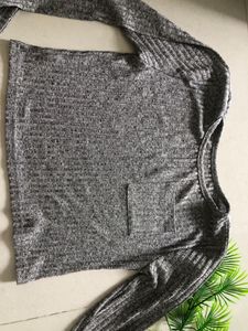 Grey Ribbed Long Sleeve Top with Pocket