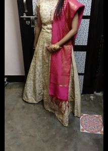 Beautiful  Cream Colur Full Length  Gown With Golden Embroidery