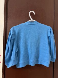 Blue Puff Sleeve Cropped Cardigan
